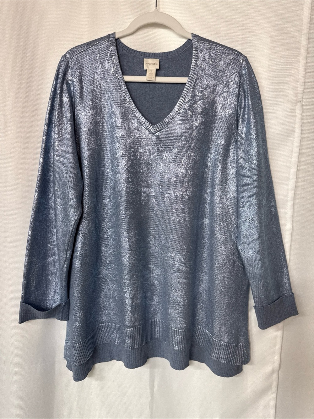 Chicos Foral Blue Metallic V Neck Sweater Sz 3 XL/16 Classy Versatile Preppy